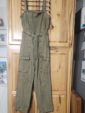 Free People Go West Utitlity Olive Green Utility Jumpsuit with Tie Waist - Women